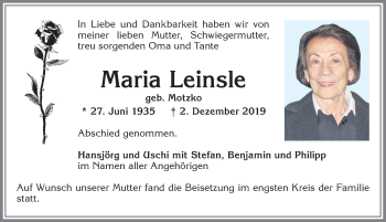 Traueranzeige von Maria Leinsle von Allgäuer Zeitung, Kaufbeuren/Buchloe