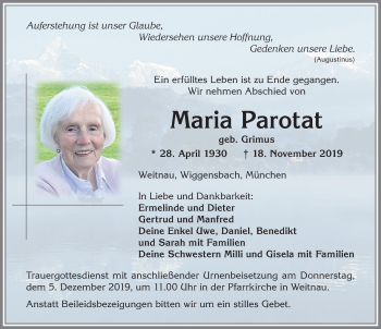 Traueranzeige von Maria Parotat von Allgäuer Zeitung,Kempten