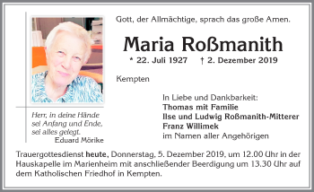 Traueranzeige von Maria Roßmanith von Allgäuer Zeitung,Kempten