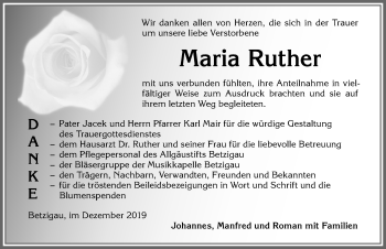Traueranzeige von Maria Ruther von Allgäuer Zeitung,Kempten