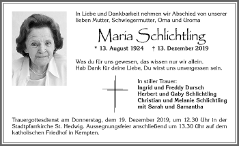Traueranzeige von Maria Schlichtling von Allgäuer Zeitung,Kempten
