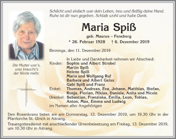 Traueranzeige von Maria Spiß von Allgäuer Zeitung, Marktoberdorf