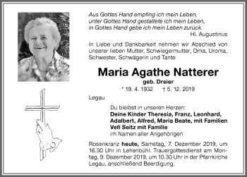 Traueranzeige von Maria Agathe Natterer von Memminger Zeitung
