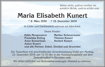 Traueranzeige von Maria Elisabeth Kunert von Allgäuer Zeitung,Kempten