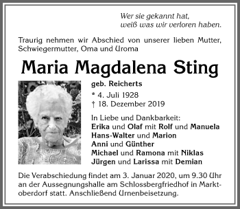 Traueranzeige von Maria Magdalena Sting von Allgäuer Zeitung, Marktoberdorf