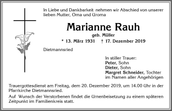 Traueranzeige von Marianne Rauh von Allgäuer Zeitung,Kempten