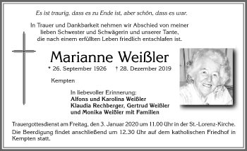 Traueranzeige von Marianne Weißler von Allgäuer Zeitung,Kempten