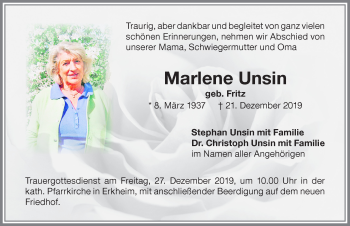 Traueranzeige von Marlene Unsin von Memminger Zeitung