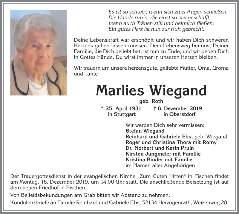  Traueranzeige für Marlies Wiegand vom 13.12.2019 aus Allgäuer Anzeigeblatt