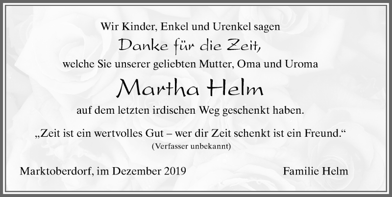  Traueranzeige für Martha Helm vom 28.12.2019 aus Allgäuer Zeitung, Marktoberdorf