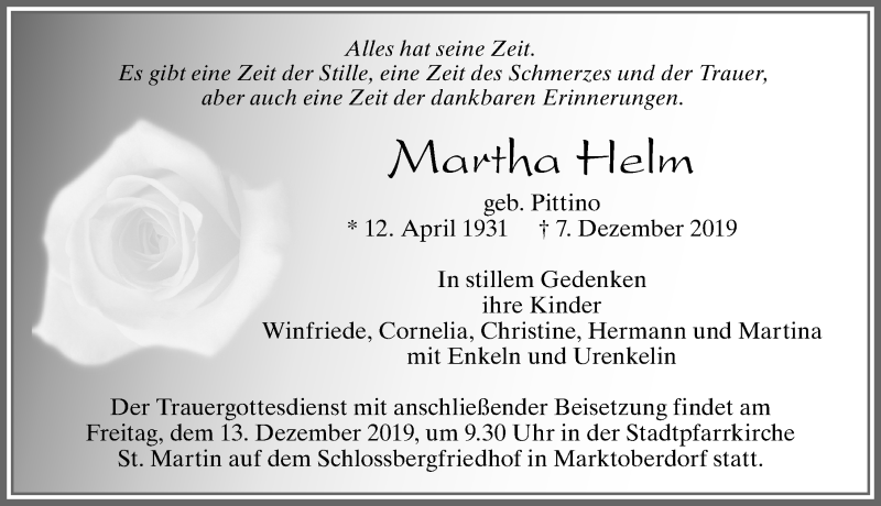  Traueranzeige für Martha Helm vom 11.12.2019 aus Allgäuer Zeitung, Marktoberdorf