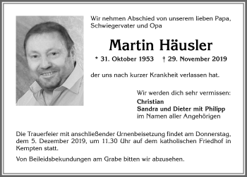 Traueranzeige von Martin Häusler von Allgäuer Zeitung,Kempten