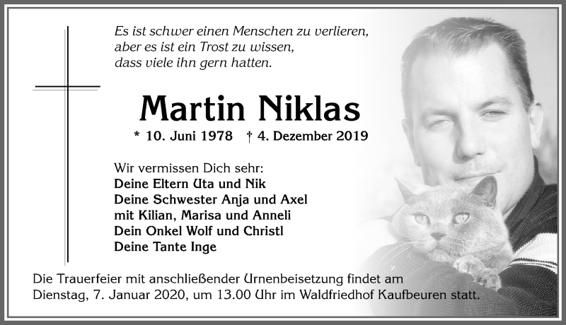  Traueranzeige für Martin Niklas vom 28.12.2019 aus Allgäuer Zeitung, Kaufbeuren/Buchloe