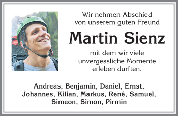Traueranzeige von Martin Sienz von Allgäuer Zeitung,Kempten