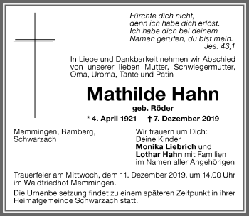 Traueranzeige von Mathilde Hahn von Memminger Zeitung