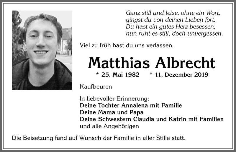  Traueranzeige für Matthias Albrecht vom 21.12.2019 aus Allgäuer Zeitung, Kaufbeuren/Buchloe
