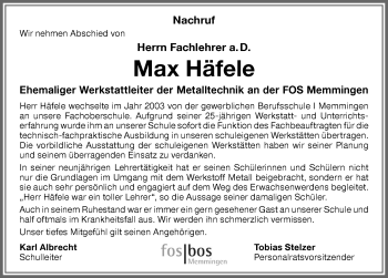 Traueranzeige von Maximilian Häfele von Memminger Zeitung