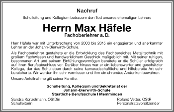 Traueranzeige von Maximilian Häfele von Memminger Zeitung