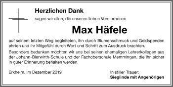 Traueranzeige von Max Häfele von Memminger Zeitung