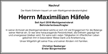 Traueranzeige von Maximilian Häfele von Memminger Zeitung