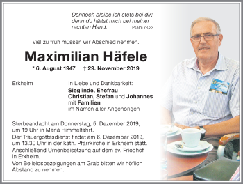 Traueranzeige von Maximilian Häfele von Memminger Zeitung