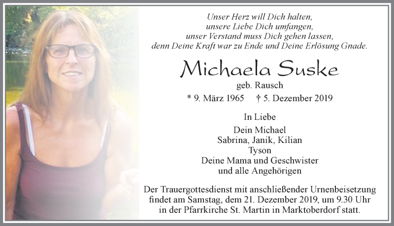  Traueranzeige für Michaela Suske vom 19.12.2019 aus Allgäuer Zeitung, Marktoberdorf