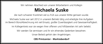Traueranzeige von Michaela Suske von Allgäuer Zeitung, Marktoberdorf