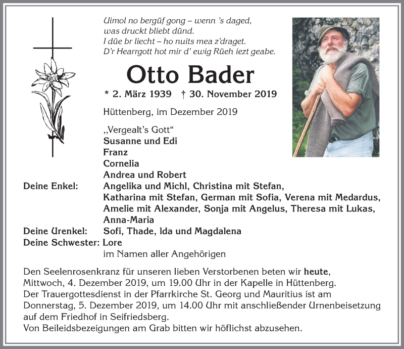  Traueranzeige für Otto Bader vom 04.12.2019 aus Allgäuer Anzeigeblatt