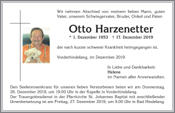 Traueranzeige von Otto Harzenetter von Allgäuer Zeitung