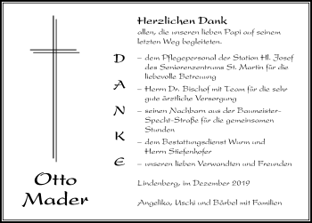 Traueranzeige von Otto Mader von Der Westallgäuer