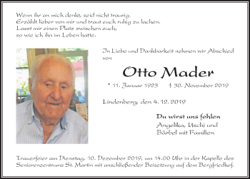 Traueranzeige von Otto Mader von Der Westallgäuer