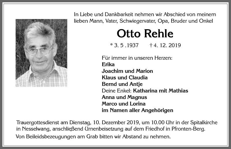  Traueranzeige für Otto Rehle vom 06.12.2019 aus Allgäuer Zeitung, Füssen