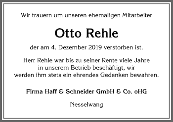 Traueranzeige von Otto Rehle von Allgäuer Zeitung, Füssen