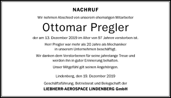 Traueranzeige von Ottomar Pregler von Der Westallgäuer