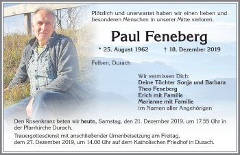 Traueranzeige von Paul Feneberg von Allgäuer Zeitung,Kempten