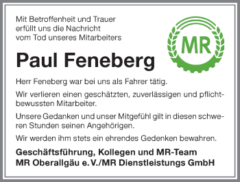 Traueranzeige von Paul Feneberg von Allgäuer Zeitung,Kempten