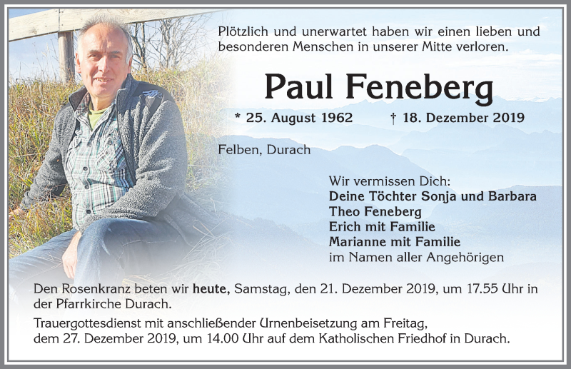  Traueranzeige für Paul Feneberg vom 21.12.2019 aus Allgäuer Zeitung,Kempten