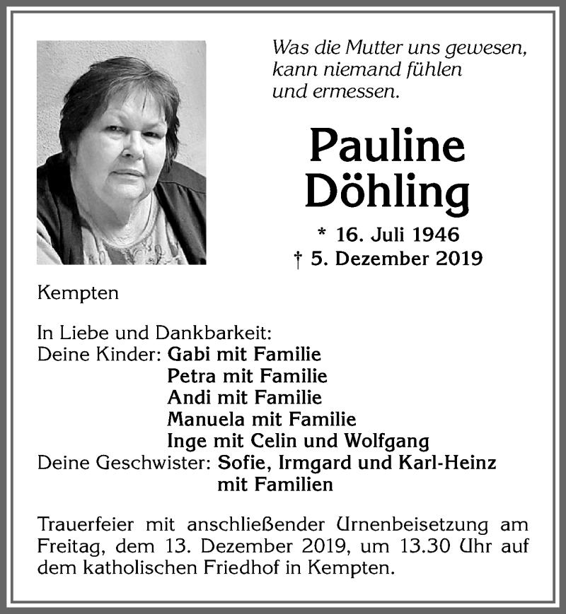  Traueranzeige für Pauline Döhling vom 10.12.2019 aus Allgäuer Zeitung,Kempten