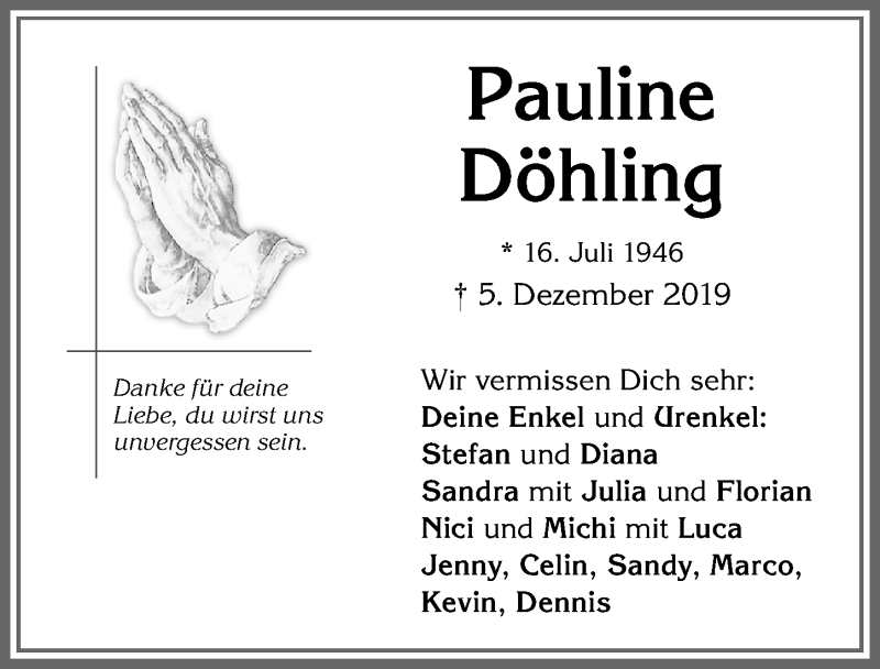  Traueranzeige für Pauline Döhling vom 10.12.2019 aus Allgäuer Zeitung,Kempten