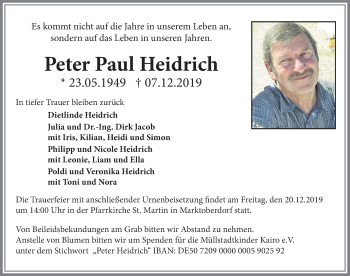 Traueranzeige von Peter Paul Heidrich von Allgäuer Zeitung, Marktoberdorf