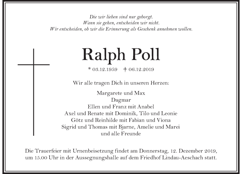  Traueranzeige für Ralph Poll vom 10.12.2019 aus Der Westallgäuer