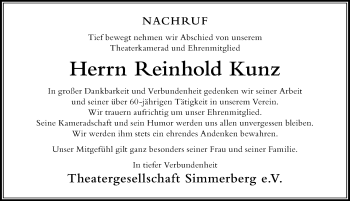 Traueranzeige von Reinhold Kunz von Der Westallgäuer