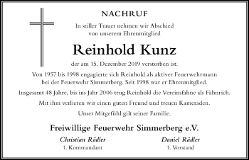 Traueranzeige von Reinhold Kunz von Der Westallgäuer
