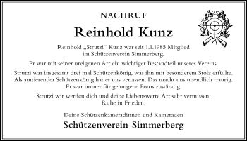 Traueranzeige von Reinhold Kunz von Der Westallgäuer