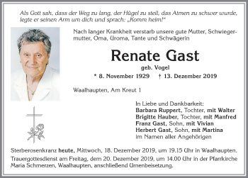 Traueranzeige von Renate Gast von Allgäuer Zeitung, Kaufbeuren/Buchloe