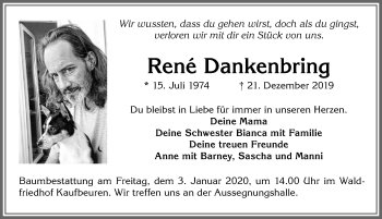 Traueranzeige von René Dankenbring von Allgäuer Zeitung, Kaufbeuren/Buchloe