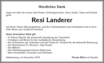 Traueranzeige von Resi Landerer von Allgäuer Zeitung,Kempten