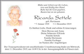 Traueranzeige von Ricarda Settele von Allgäuer Zeitung, Füssen