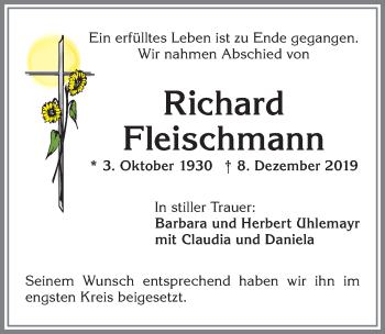 Traueranzeige von Richard Fleischmann von Allgäuer Zeitung,Kempten