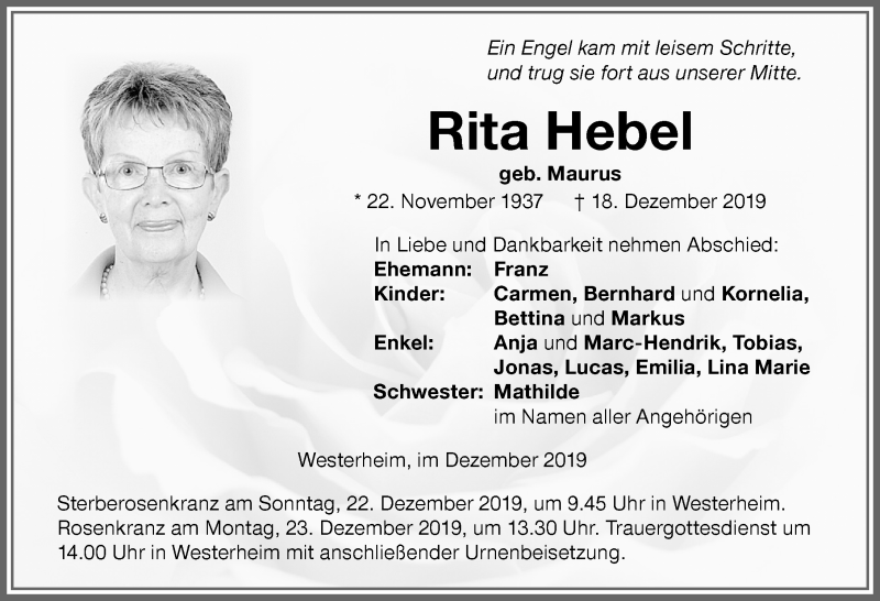 Traueranzeigen von Rita Hebel trauer im allgaeu de